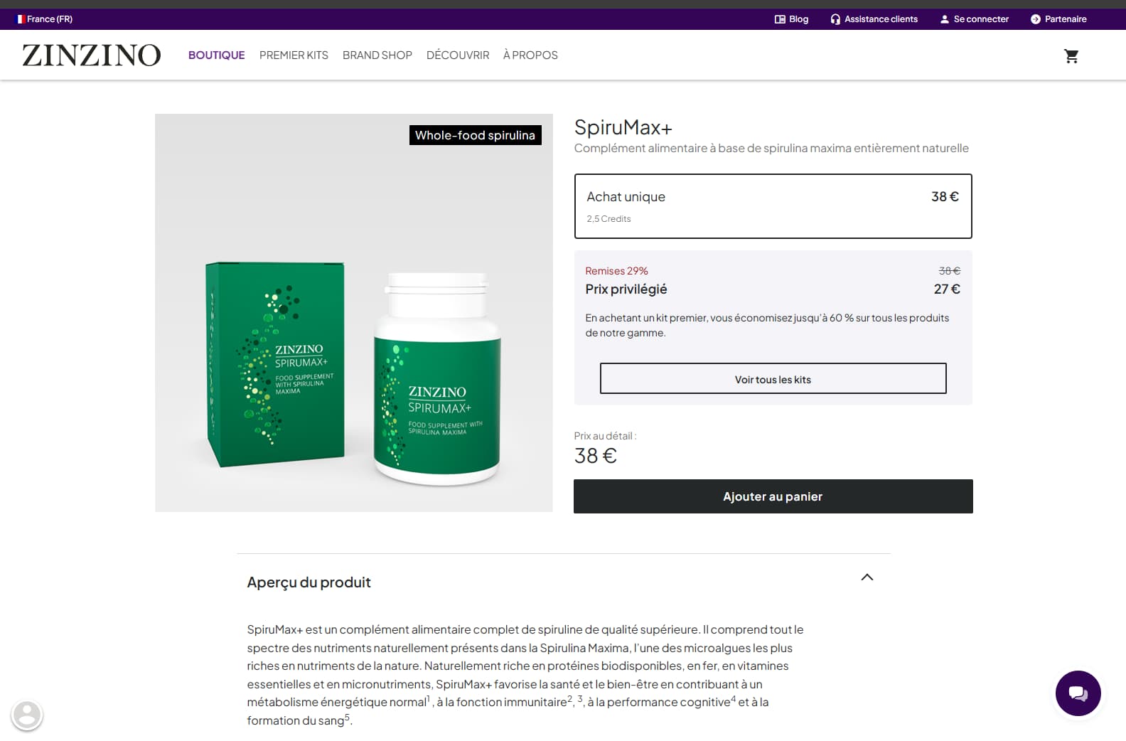 Capture d'écran Zinzino : option "Achat unique" à sélectionner, avec le bandeau « Spiruline-sante » en bas à gauche